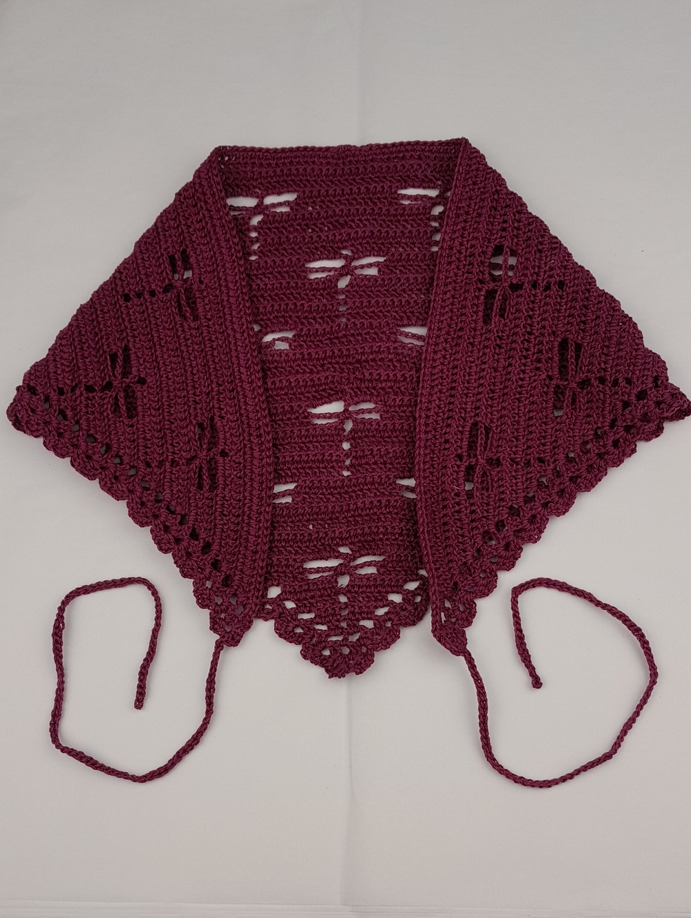 Handmade Crocheted Dragonfly Filet Maroon Wine Head Bandana Tie Back Kerchief - Picture 5 of 10
